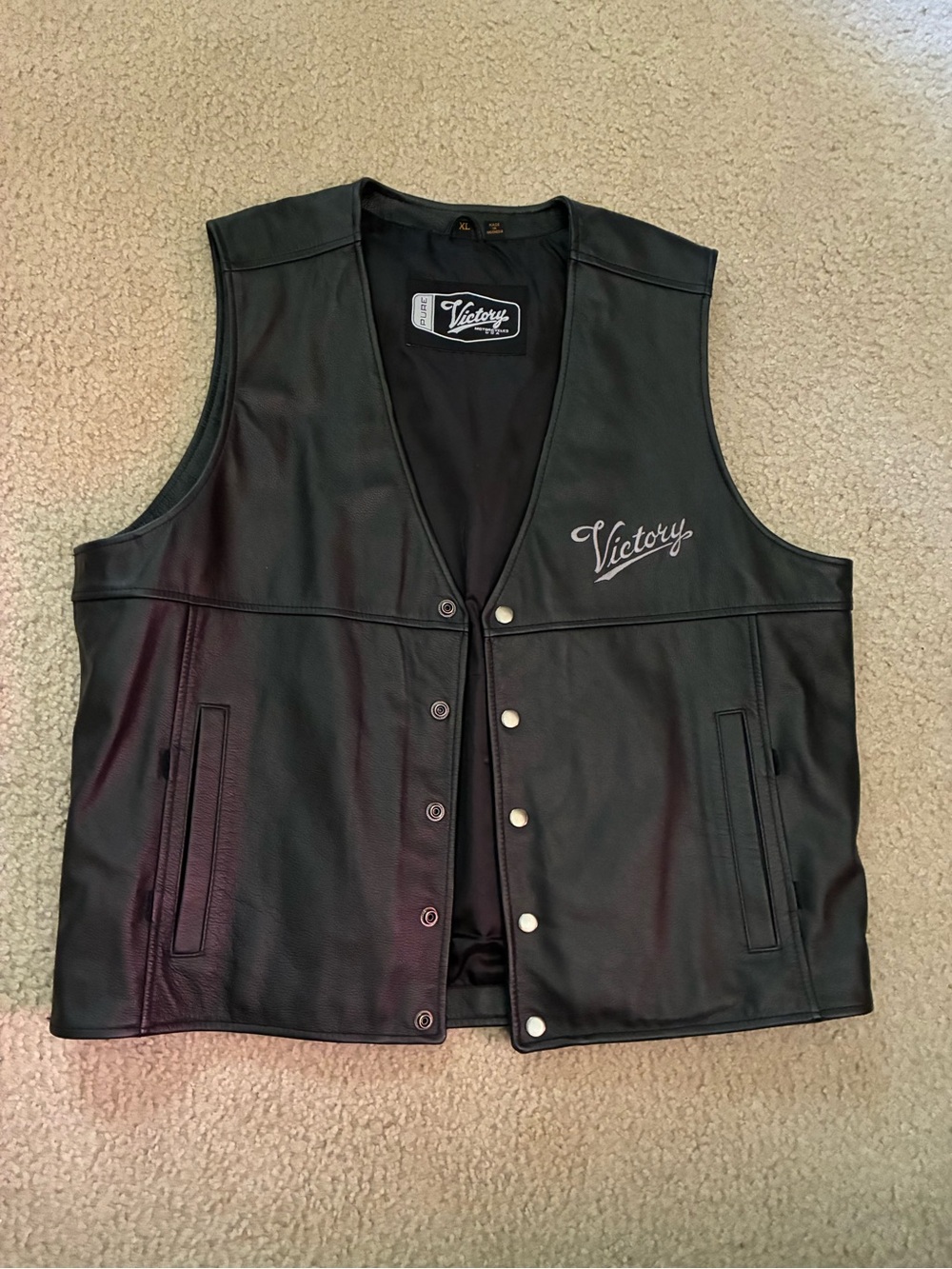 Victory Motorcycle Black Leather Snap-Front Vest with Victory Script